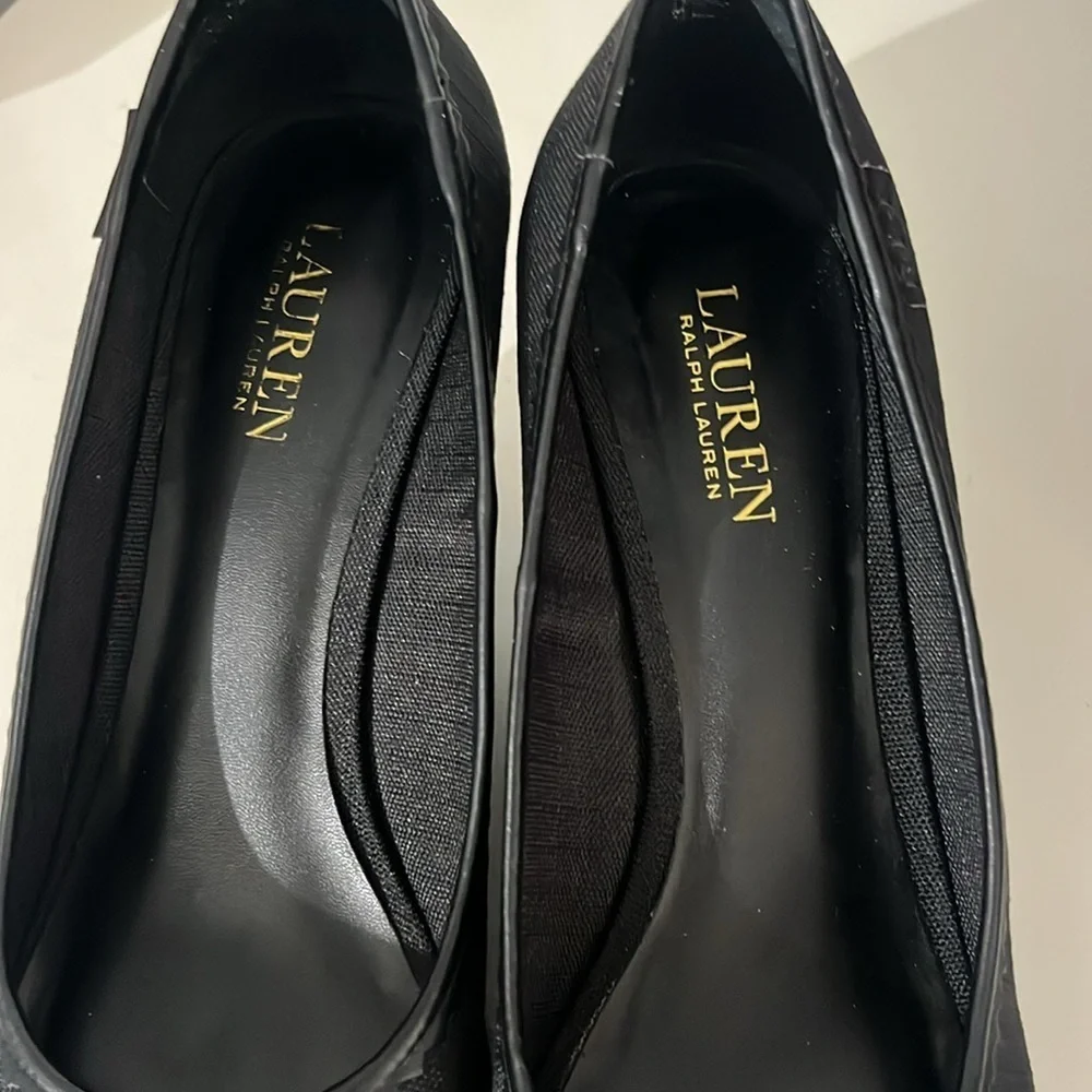 Lauren Ralph Lauren Women’s Nella Canvas Wedge Peep Toe Shoes Size 9.5 Black